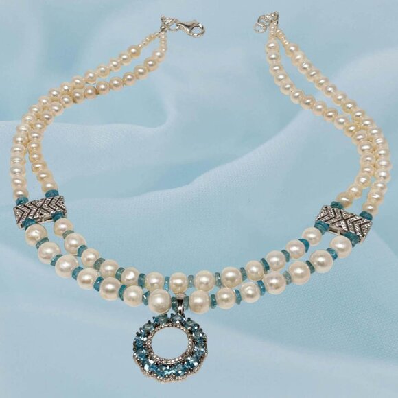 Two Strands Pearl, And Apatite  Necklace With Apatite Pendant - Picture 1 of 5